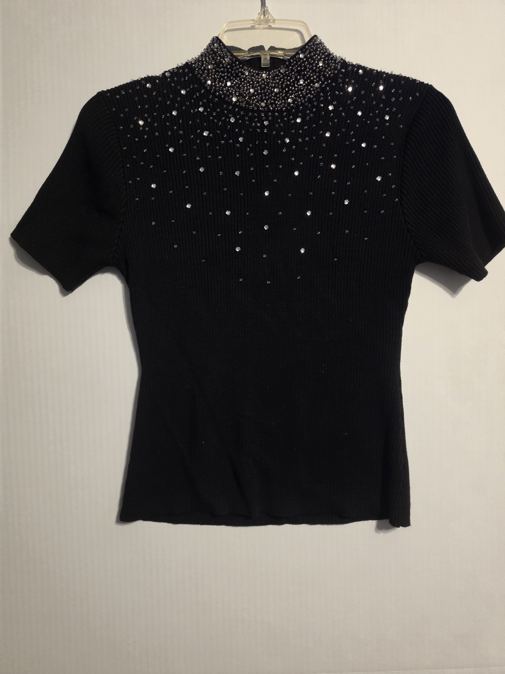 Black Embellished Short-Sleeve Knit Top